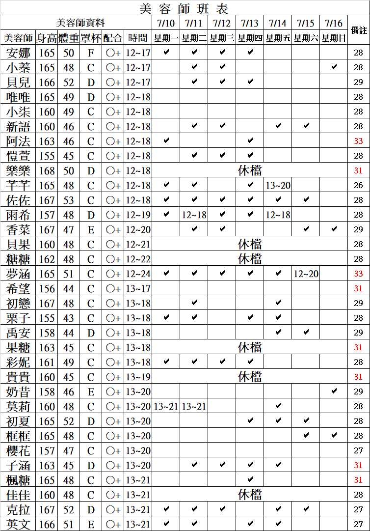 新北按摩班表