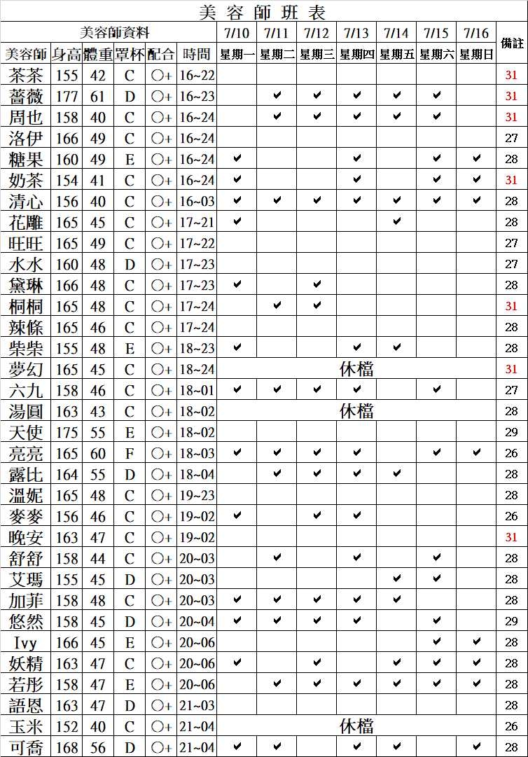 新北按摩班表